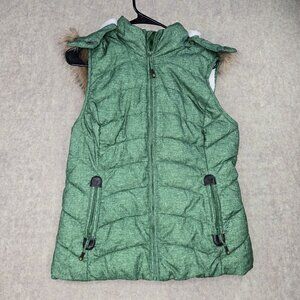 Green Tea Womens Faux Fur-Lined Puffer Vest Medium Green Polyester Shell & Hood